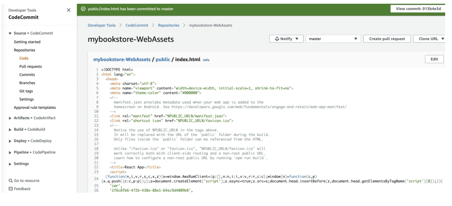 Screenshot of my bookstore-WebAssets index.html code section under CodeCommit.